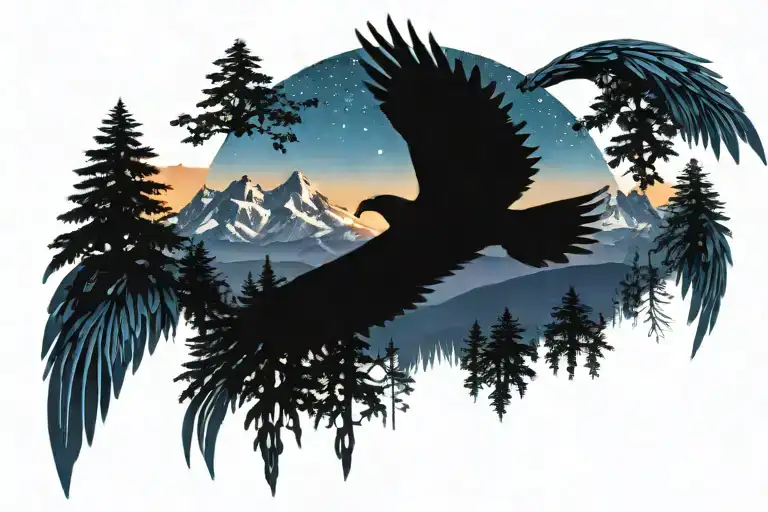 midnight blue mountains with forest trees background looking through lens to rising Phoenix wings spread bright sunrise tattoo design idea