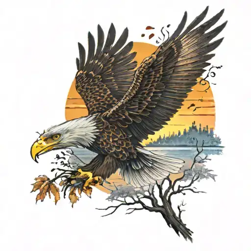 army Eagle bright fall colored leaves and trees colors sunset over lake in distance in background tattoo design idea