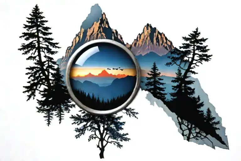 midnight blue mountains with forest trees looking through lens to rising Phoenix bright sunrise tattoo design idea