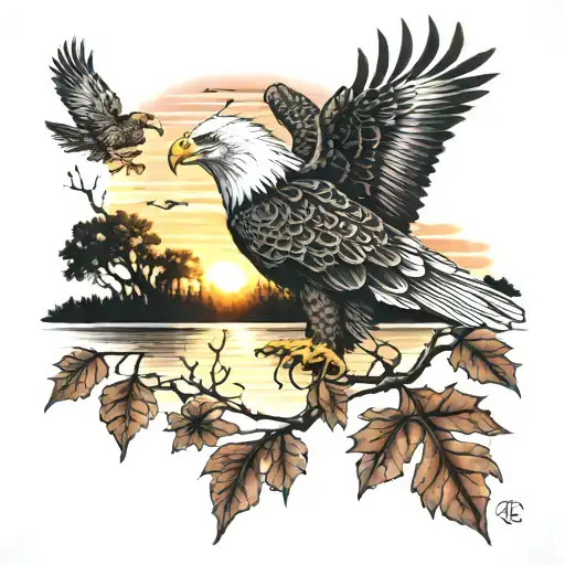 army Eagle fall oak tree colored leaves sunset over lake in distance tattoo design idea