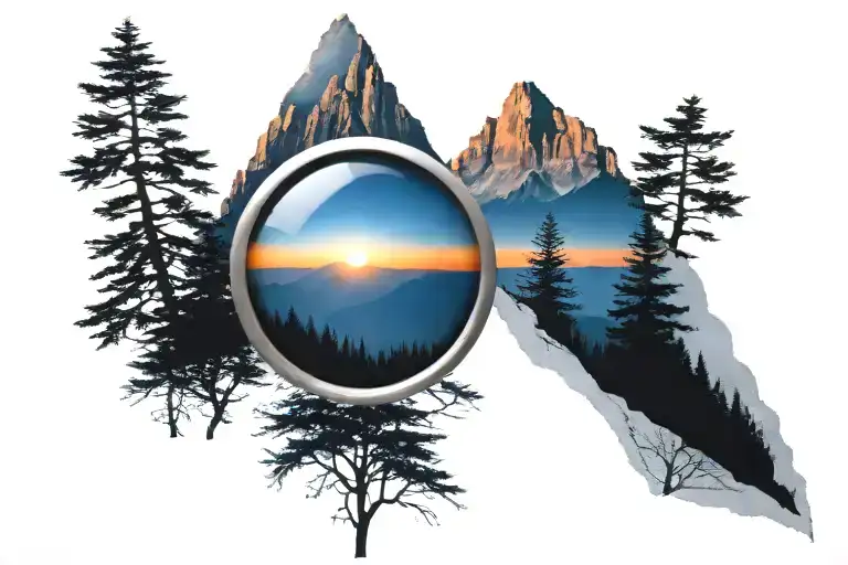 midnight blue mountains with forest trees looking through lens with rising Phoenix bird bright sunrise tattoo design idea