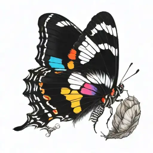 half small black and white caterpillar and half big colorful butterfly  tattoo design idea