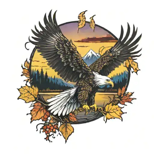 army Eagle bright fall colored leaves and trees colors sunset over lake in distance in background tattoo design idea