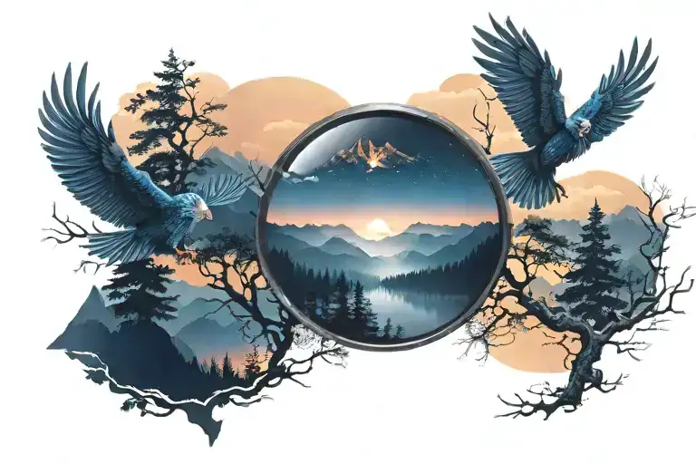 midnight blue mountains with forest trees background looking through lens to rising Phoenix wings spread bright sunrise tattoo design idea