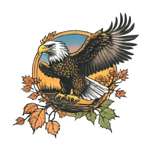 army Eagle bright fall colored leaves and trees colors sunset over lake in distance in background tattoo design idea