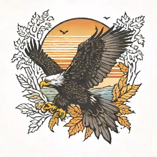 army Eagle bright fall colored leaves and trees colors sunset over lake in distance in background tattoo design idea