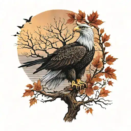 army Eagle on oak tree with fall colored leaves in front of lake background with sunset tattoo design idea
