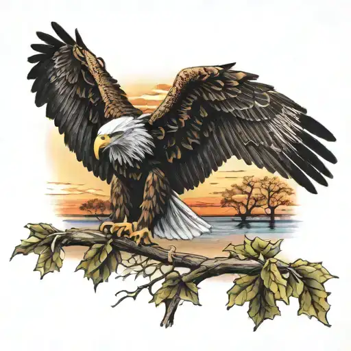 army Eagle fall oak tree colored leaves sunset over lake in distance tattoo design idea