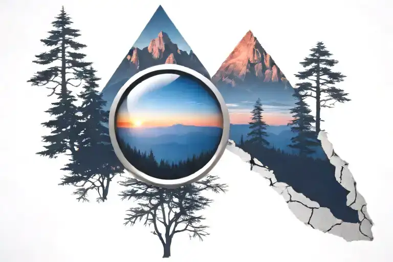 midnight blue mountain with forest trees looking through lens to rising Phoenix bird in sunrise tattoo design idea