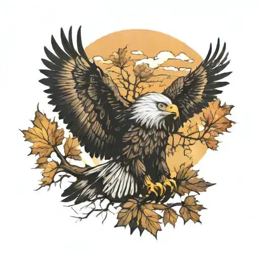 army Eagle bright fall leaves and trees colors looking into distance sunset in distance  tattoo design idea
