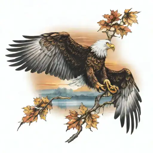 army Eagle fall oak tree colored leaves sunset over lake in distance tattoo design idea