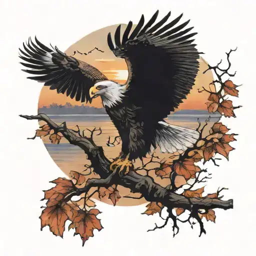 army Eagle fall oak tree colored leaves sunset over lake in distance tattoo design idea