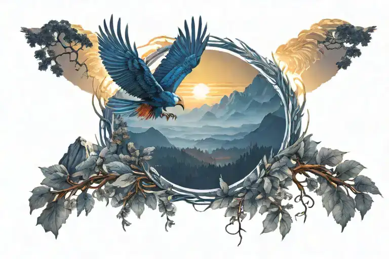 midnight blue mountains with forest trees background looking through lens to rising Phoenix wings spread bright sunrise tattoo design idea