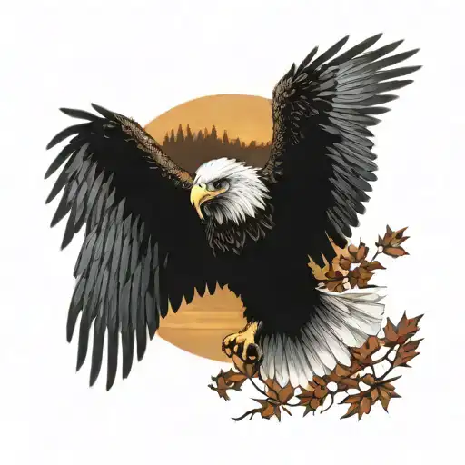 army  Eagle bright fall leaves and trees colors sunset over lake in distance in background tattoo design idea