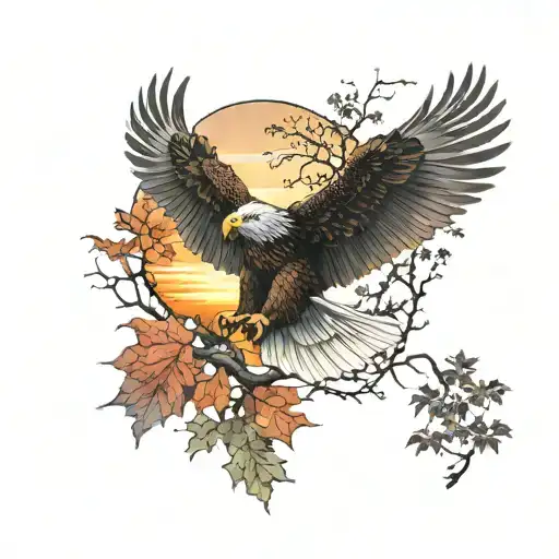 army Eagle bright fall leaves and trees colors looking into distance sunset in distance  tattoo design idea