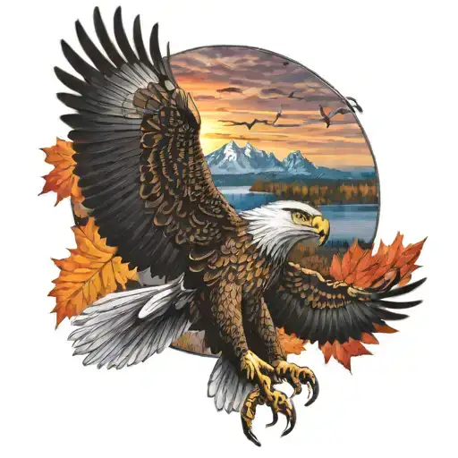 army Eagle bright fall colored leaves and trees colors sunset over lake in distance in background tattoo design idea