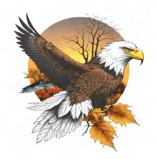 army  Eagle bright fall leaves and trees colors sunset over lake in distance in background tattoo design idea