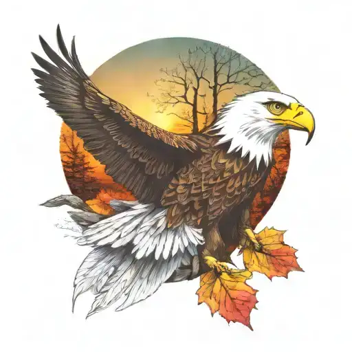 army  Eagle bright fall leaves and trees colors sunset over lake in distance in background tattoo design idea