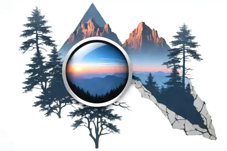 midnight blue mountain with forest trees looking through lens to rising Phoenix bird bright sunrise tattoo design idea