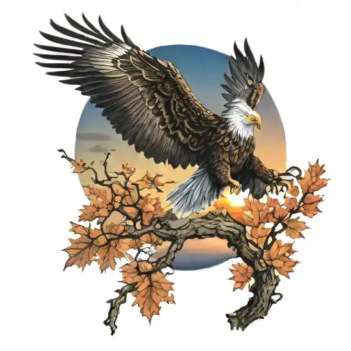 army Eagle fall oak tree colored leaves sunset over lake in distance tattoo design idea