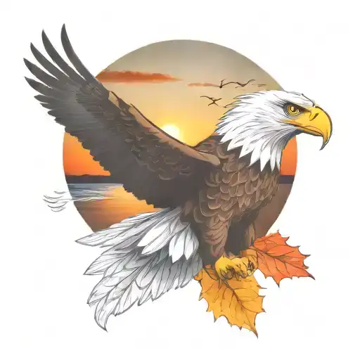army  Eagle bright fall leaves and trees colors sunset over lake in distance in background tattoo design idea