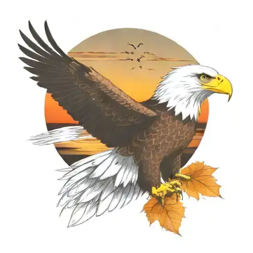 army  Eagle bright fall leaves and trees colors sunset over lake in distance in background tattoo design idea