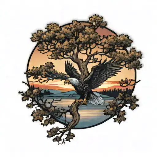 army Eagle fall oak tree colored leaves sunset over lake in distance tattoo design idea