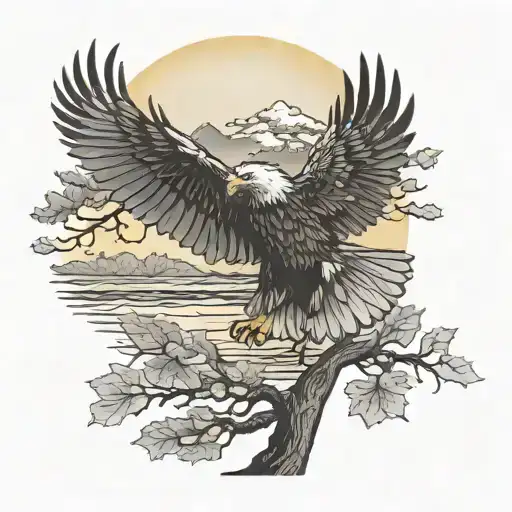 army Eagle bright fall oak tree colored leaves with sunset over lake in distance in background tattoo design idea