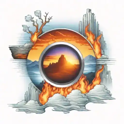 view though camera lens blue mountains rising Phoenix from fire sunrise tattoo design idea
