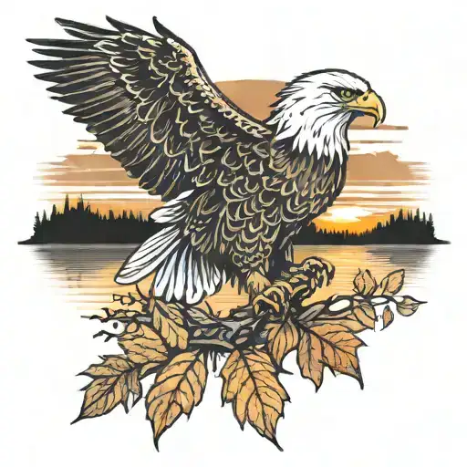 Eagle bright fall leaves and trees colors sunset over lake in distance in background tattoo design idea