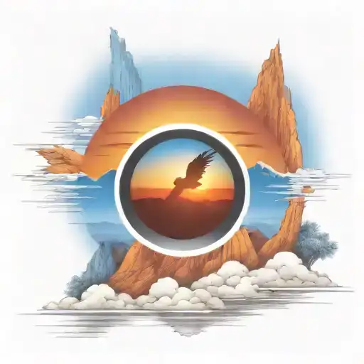 blue mountain view through camera lens to Texas sunrise of rising Phoenix bird tattoo design idea
