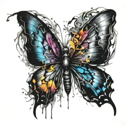 messy black broken heart transition into colorful butterfly wings spread tattoo design idea