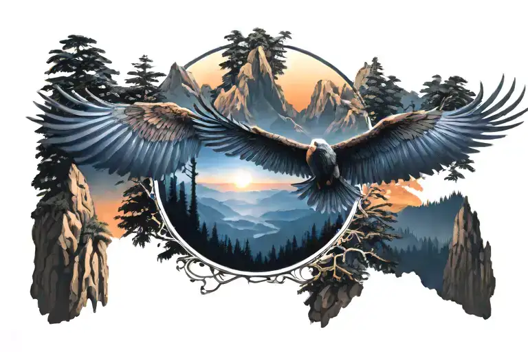 midnight blue mountains with forest trees background looking through lens to rising Phoenix wings spread bright sunrise tattoo design idea
