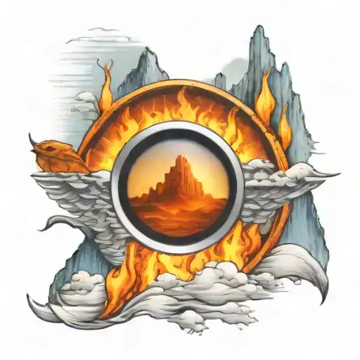 view though camera lens blue mountains rising Phoenix from fire sunrise tattoo design idea