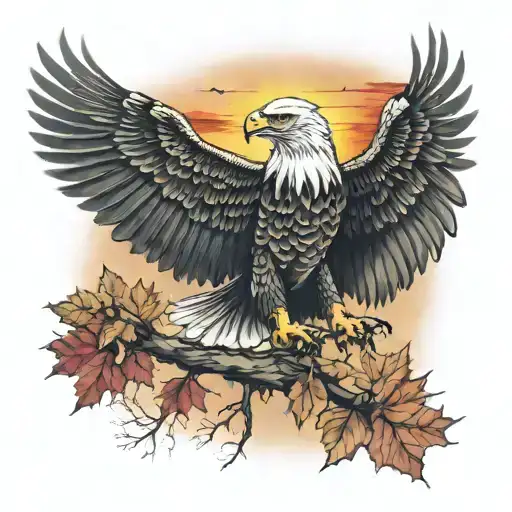 army  Eagle bright fall leaves and trees colors sunset over lake in distance in background tattoo design idea