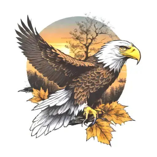 army  Eagle bright fall leaves and trees colors sunset over lake in distance in background tattoo design idea