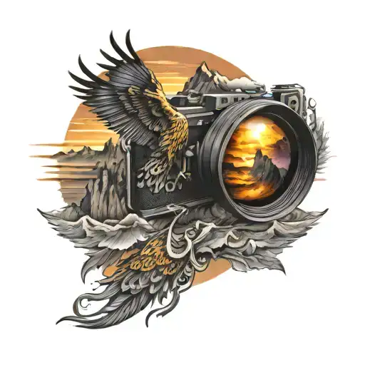 mountains camera lens rising phoenix from fire bird in sunset  tattoo design idea