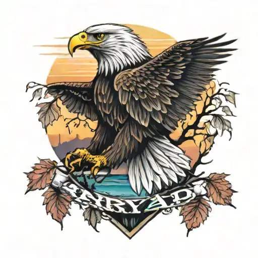 army Eagle bright fall colored leaves and trees colors sunset over lake in distance in background tattoo design idea