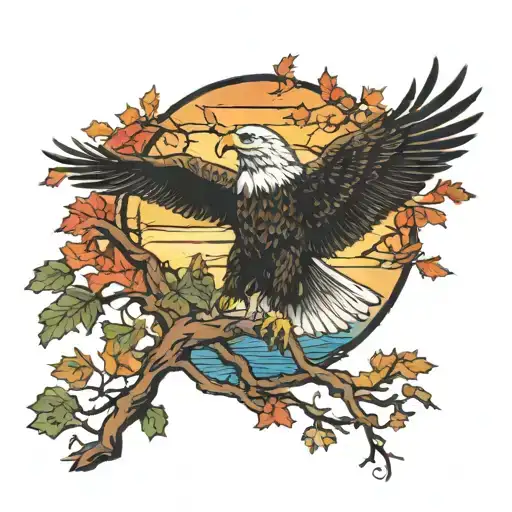 army Eagle on oak tree with fall colored leaves in front of lake background with sunset tattoo design idea