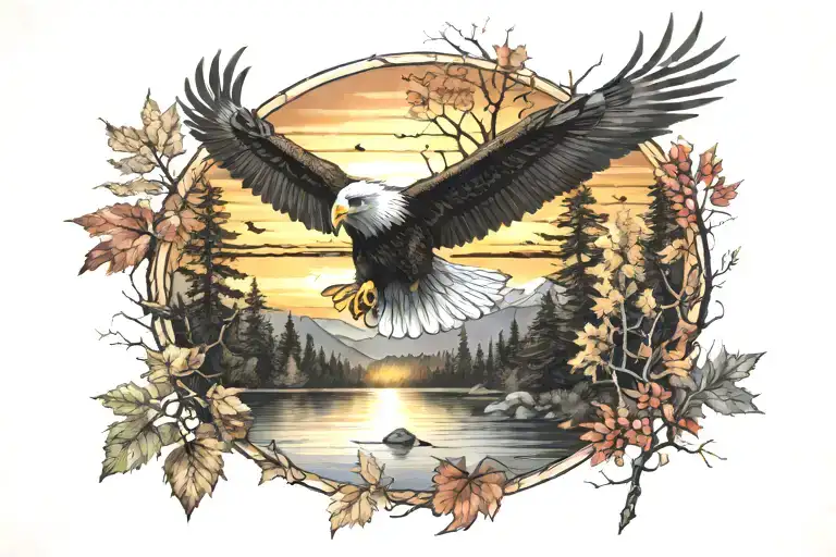 Eagle bright fall leaves and trees colors sunset over lake in distance in background tattoo design idea