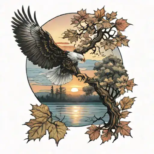 army Eagle fall oak tree colored leaves sunset over lake in distance tattoo design idea