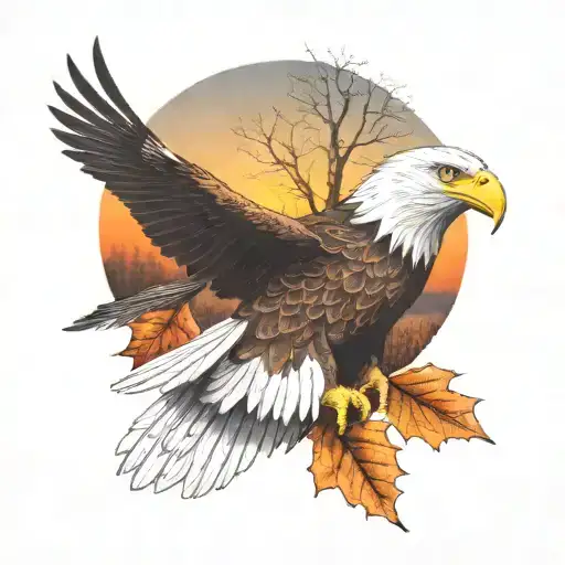 army  Eagle bright fall leaves and trees colors sunset over lake in distance in background tattoo design idea