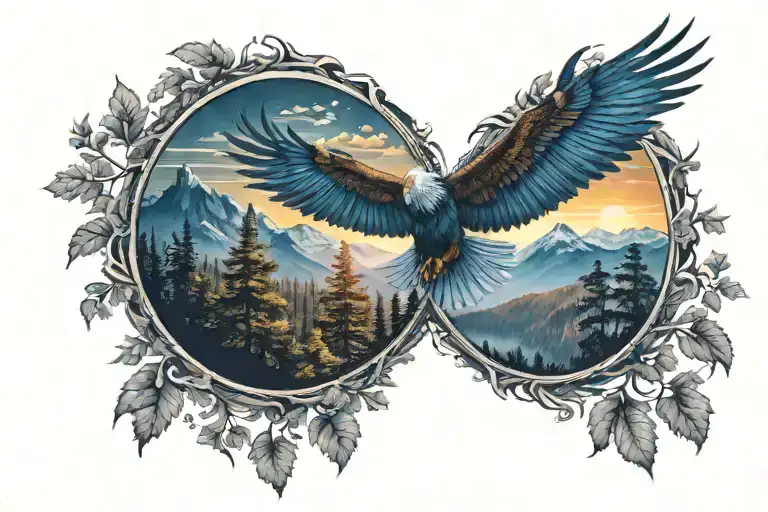 midnight blue mountains with forest trees background looking through lens to rising Phoenix wings spread bright sunrise tattoo design idea