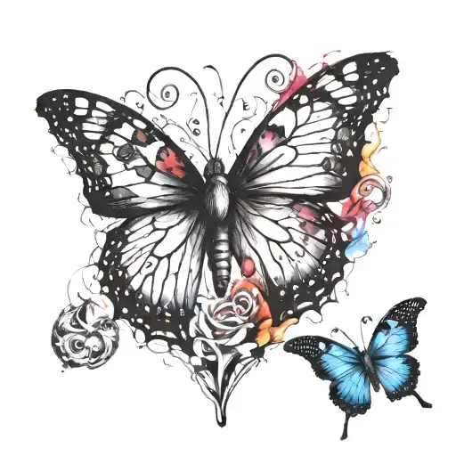 messy black and white human heart transition to big colorful butterfly  tattoo design idea