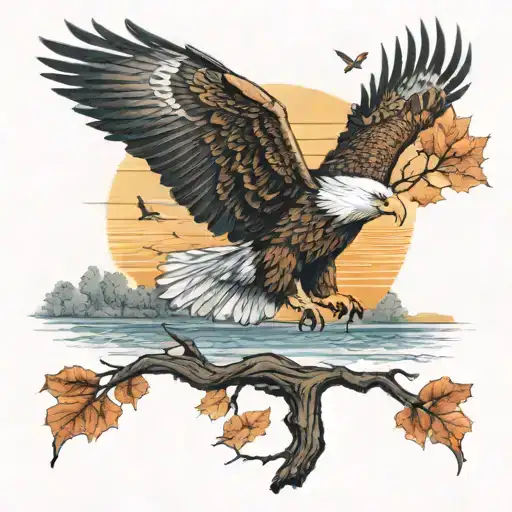 army Eagle fall oak tree colored leaves sunset over lake in distance tattoo design idea