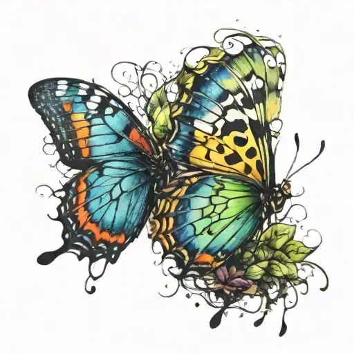 messy breaking caterpillar transition into colorful butterfly wings spread tattoo design idea