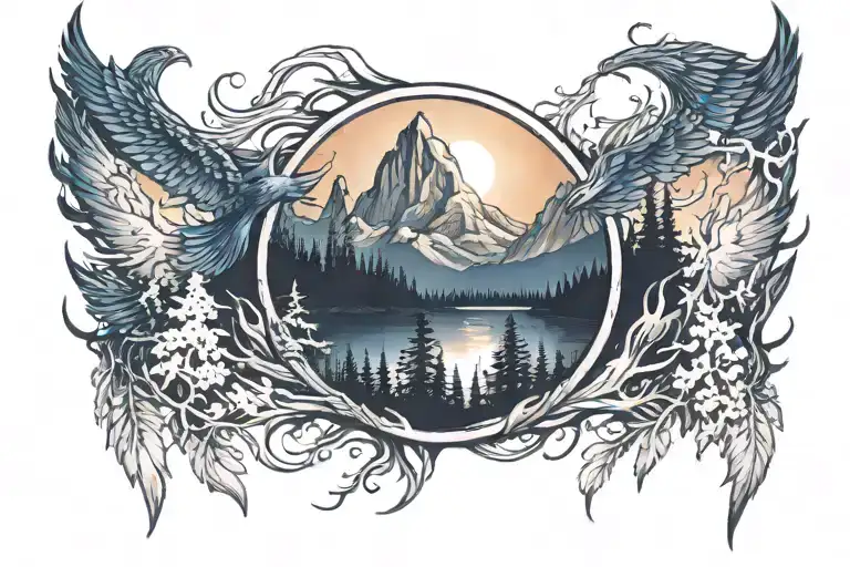 midnight blue mountain with forest trees looking through lens with rising Phoenix wings from fire sunrise tattoo design idea