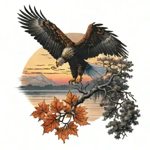 army Eagle fall oak tree colored leaves sunset over lake in distance tattoo design idea