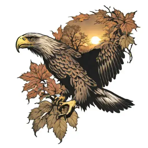 army Eagle bright fall leaves and trees colors looking into distance sunset in distance  tattoo design idea