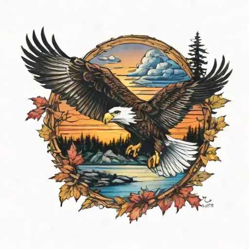 Eagle bright fall leaves and trees colors sunset over lake in distance in background tattoo design idea